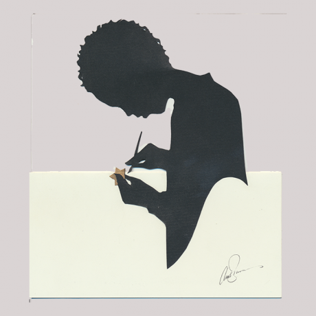 
        Front of silhouette, with boy lookinf left, who is painting a star. Half of the silhouette is jutting out.